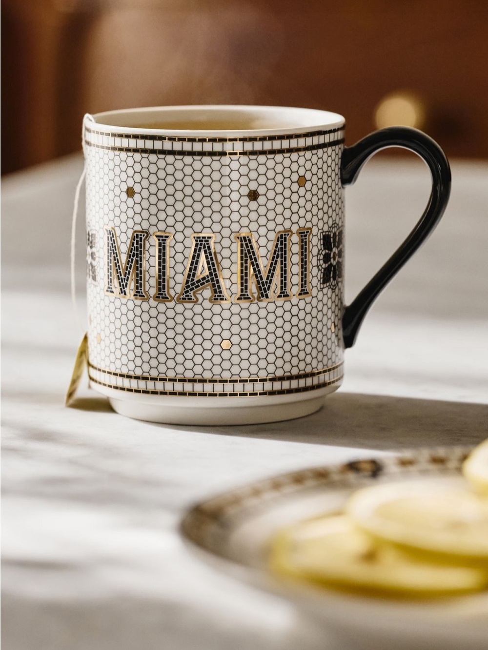 Anthropologie Bistro Tile Stoneware 24k Gold Accent Jetsetter Mug